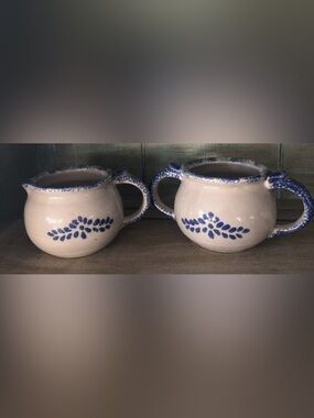 Vtg Loomco China Spongeware/Stoneware Sugar Bowl & Creamer